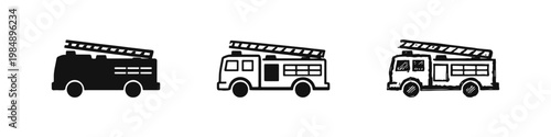 Fire Truck Icon Set - Emergency Fire Engine with Ladder in Solid, Outline, and Sketch Styles