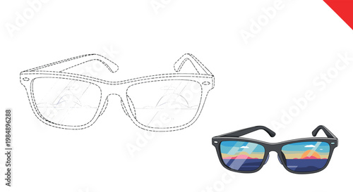 Educational worksheet for children featuring a dotted line sunglasses illustration for tracing practice and a colorful summer beach example.