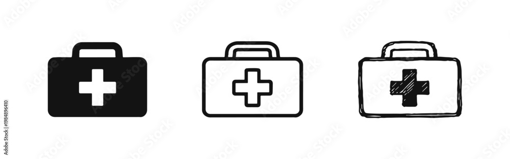 Fototapeta premium Medical First Aid Box Icon Set - Emergency Health Care Kit in Three Different Illustrative Styles