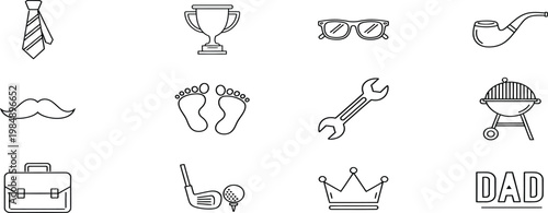 Fathers day icons celebrating dad with trophies tools and classic symbols