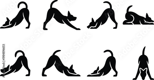 Dog poses silhouette vector pack with animal behavior downward dog yoga pose