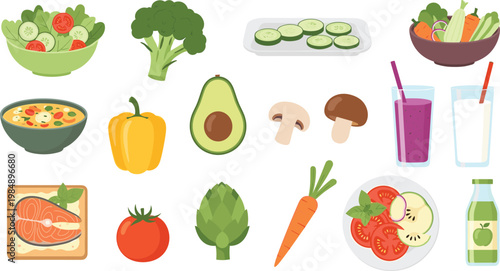 Healthy food vector set with vegetables fruits soup salmon and drinks illustration isolated on white background