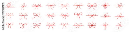 Cuadro en lienzo Ribbon knot gift wrapping red line icon set on transparent background