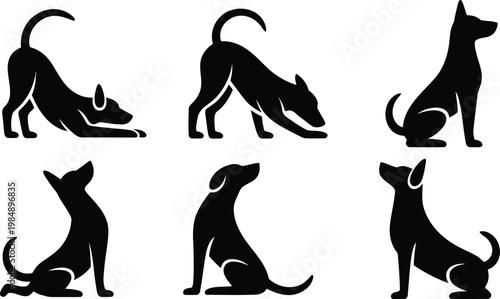 Black silhouette dog poses collection vector with animal behavior, black and whi