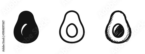 Avocado half fruit icons for healthy nutrition and vegan diet design