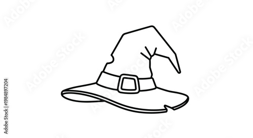 Solid black silhouette of a classic pointed witch hat with a buckle for halloween festival icons and decorations for spooky season projects.