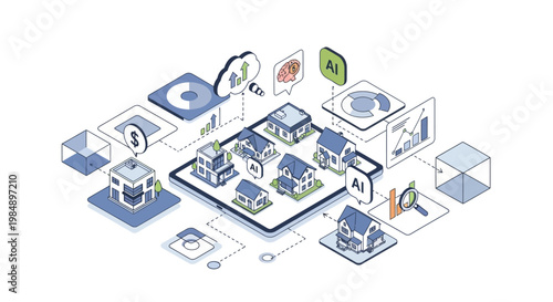Isometric Real Estate AI Technology and PropTech Concept with Digital Tablet, Houses, and Data Analytics