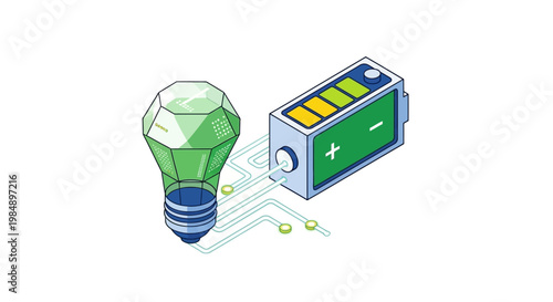 Isometric Green Energy Concept: Sustainable Diamond Light Bulb Connected to Battery for Renewable Power, Eco-Friendly Technology, and Innovative Environmental Solutions