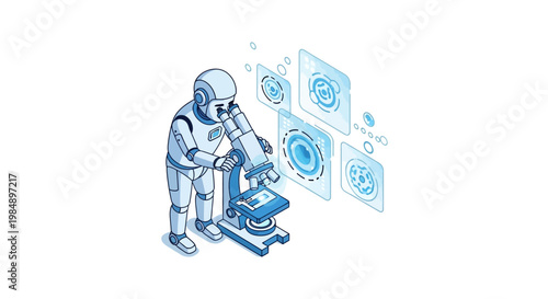 Robotic Scientist Using Microscope with Digital Data Panels, Isometric AI Biotechnology and Medical Laboratory Research Concept Illustration