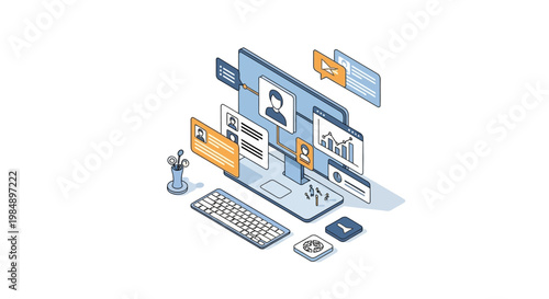 Isometric CRM and Data Analysis Illustration showing Customer Relationship Management, HR Recruitment, and Business Analytics on a Desktop Computer Workspace