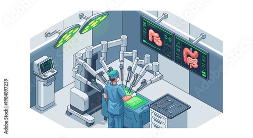Isometric Robotic Surgery Illustration Featuring a Surgeon Performing a Minimally Invasive Procedure with an Advanced Robotic System in a Modern Hospital Operating Room