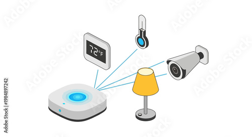 Isometric Smart Home Hub Connecting Devices Including Security Camera, Digital Thermostat, Smart Lamp, and Temperature Sensor for IoT Automation Concept