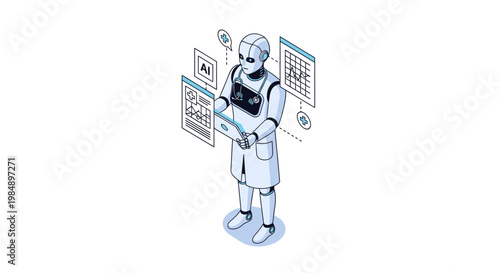 Isometric AI Robot Doctor in Lab Coat with Digital Medical Data Screens and Stethoscope