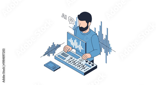 Isometric Illustration of a Sound Engineer Using AI for Audio Production and Music Editing