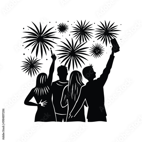 Silhouette of people taking selfie with fireworks, one person holding sparkler group friends