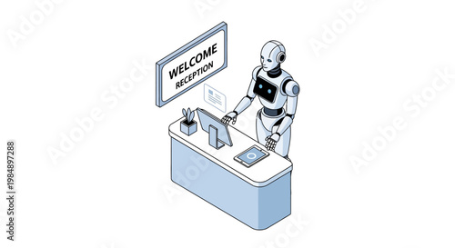 Isometric Robot Receptionist at Welcome Desk for AI Hospitality and Automated Customer Service Concept