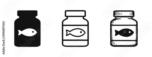 Fish oil capsule jar icons for dietary supplements and health products