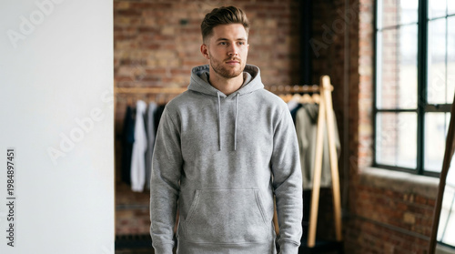 Maqueta de un chico con una sudadera gris.