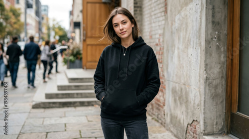 Maqueta de una chica llevando una sudadera negra.