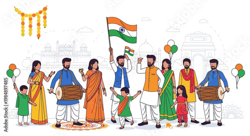 Diverse Indian Community Celebrating Independence Day with Flag and Traditional Attire.