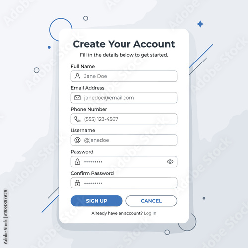 Create Your Account Account Creation Form With Cancel Button