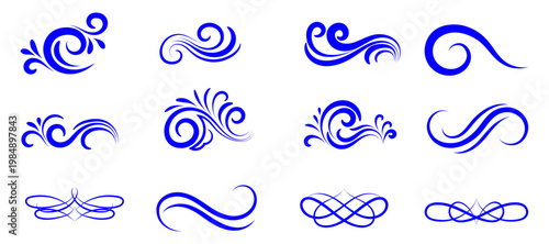 A decorative vector illustration set featuring blue and white water wave symbols and splash icons designed with tribal swirl patterns and nature inspired liquid shapes for ocean art concepts