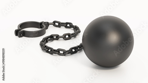 Schilderij op canvas Ball and chain isolated on white background. 3D illustration