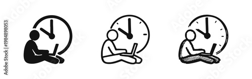 Freelancer Working on Laptop with Clock Icons - Time Management Concept