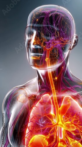 3D Medical Animation of Human Respiratory System with Glowing Lungs and Neural Network Pathways