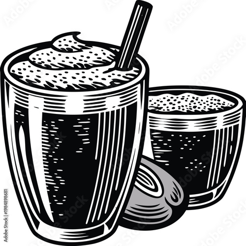 Black coffee drinks, frothy beverages, coffee cups, illustration, vector graphics