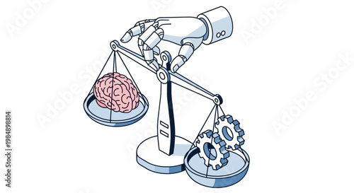 Artificial Intelligence vs Human Intuition Concept: Robotic Hand Balancing Human Brain and Mechanical Gears on Weighing Scales Isometric Illustration