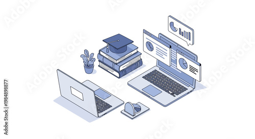 Online Education and Digital Learning Isometric Concept with Laptops, Graduation Cap, and Data Analytics