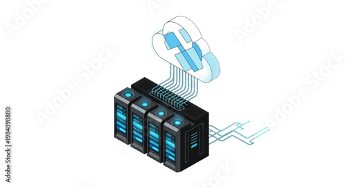 Isometric Cloud Computing Concept with Data Center Server Racks and Network Connectivity Illustration