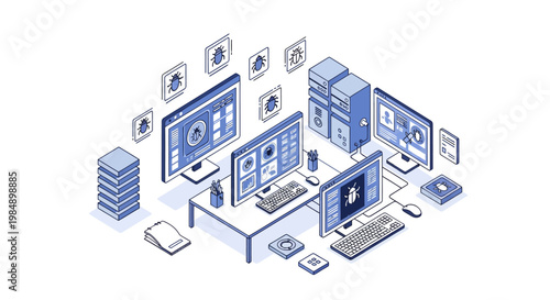 Isometric Software Testing and Debugging Workstation with Multiple Monitors, Servers, and Bug Icons for Quality Assurance and Cybersecurity Concepts
