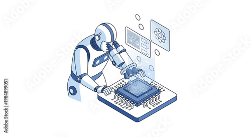 Isometric Robot Scientist Analyzing Microchip with Microscope, AI Research and Development Concept