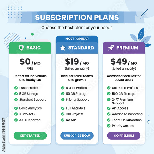 Subscription Plans With Price With Icon With Text