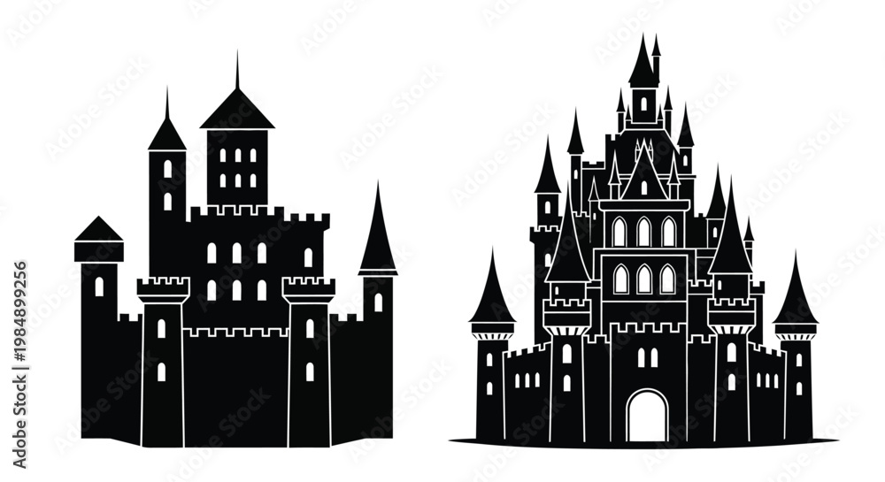 Obraz premium Two fairytale castles in black a striking silhouette on transparent background