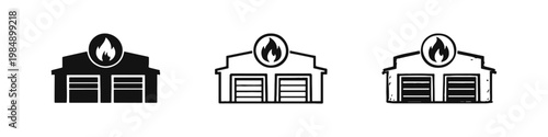 Fire Station Building Icons Set with Garage Doors and Flame Symbol