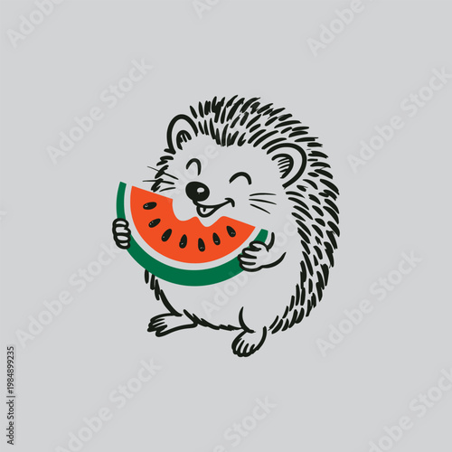 Delighted hedgehog character happily eating watermelon outdoors with hedgehog