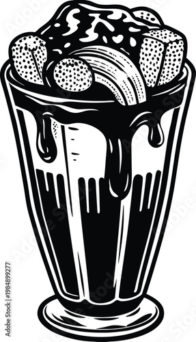 Black and white milkshake illustration, dessert vector graphic, ice cream sundae, banana split
