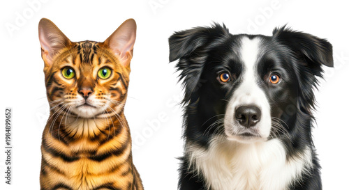 Headshot of a beautiful striped bengal cat with striking green eyes next to a black and white border collie dog looking attentively forward on transparent background. on transparent background