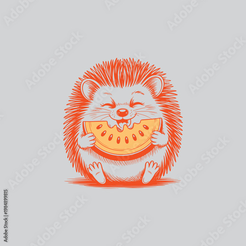 Cute cartoon hedgehog happily eating a slice of watermelon with hedgehog