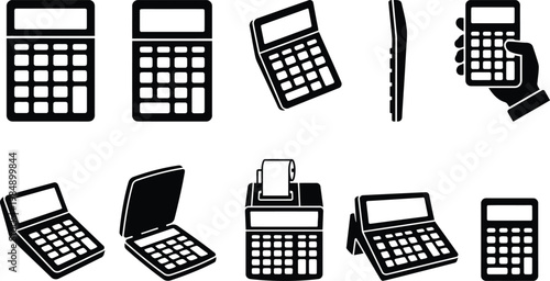 Verschiedene Schwarz-Weiß-Icons von Taschenrechnern und Rechenmaschinen in unterschiedlichen Ansichten.