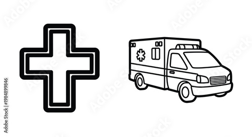 Ambulance and medical cross icon simple line art illustration on transparent background silhouette
