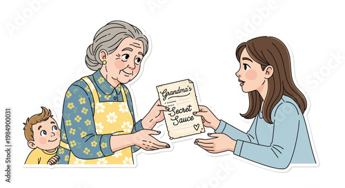 Woman handing recipe to young adult with child watching