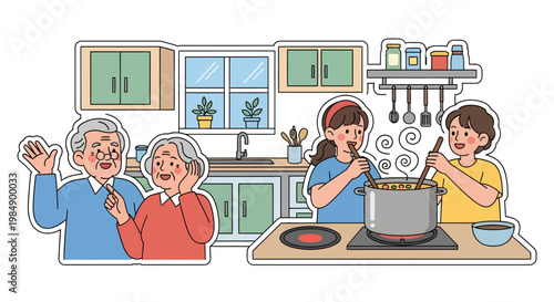 family cooking together in kitchen with grandmother and kids
