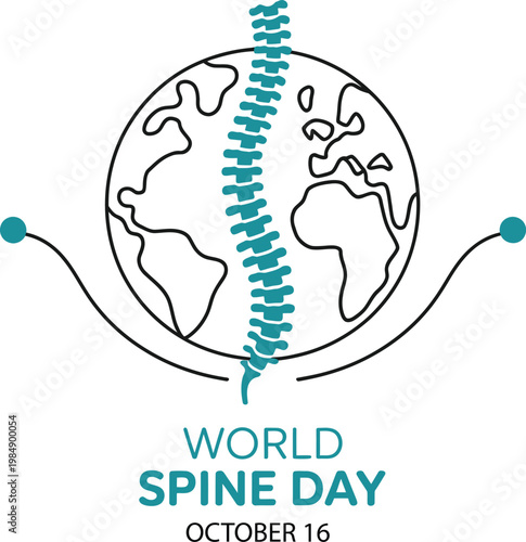 World Spine Day October 16 Awareness Logo with Human Backbone and Earth Globe