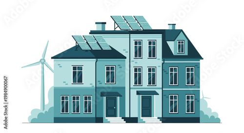 Eco friendly house with solar panels and wind turbine