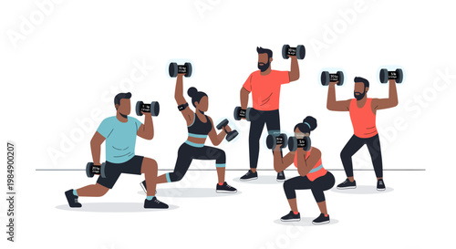 Group of people exercising with dumbbells in various poses