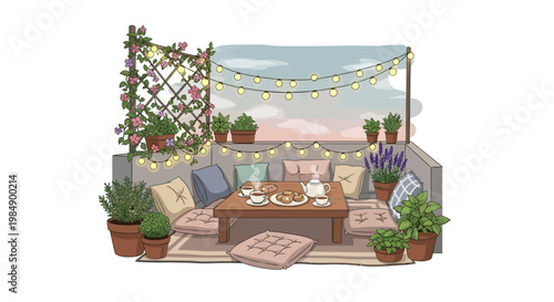 Cozy outdoor rooftop patio with furniture and plants at sunset